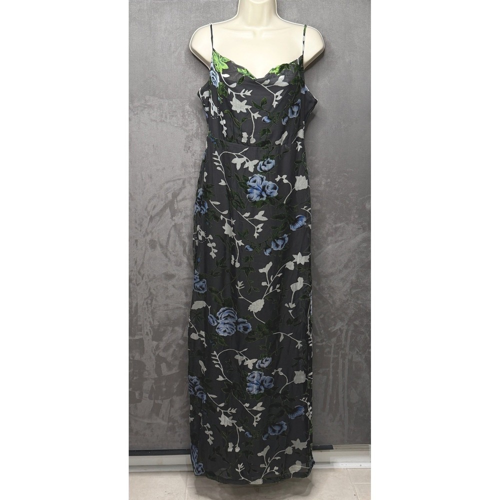 Lulus Maxi‎ Dress Womens Medium Black Floral Velvet Burnout Cowl Neck Gown - Picture 3 of 11